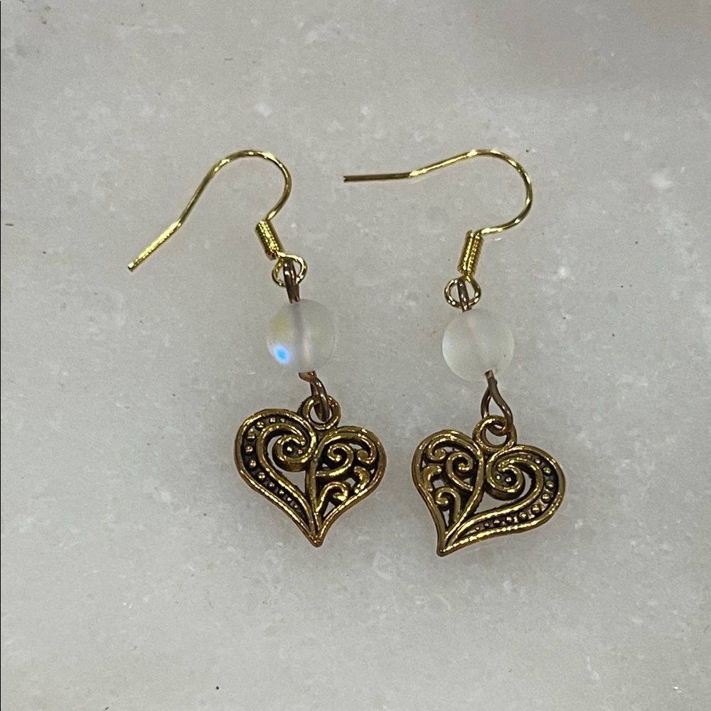 Ornate Gold Heart Earrings with Frosted Beads